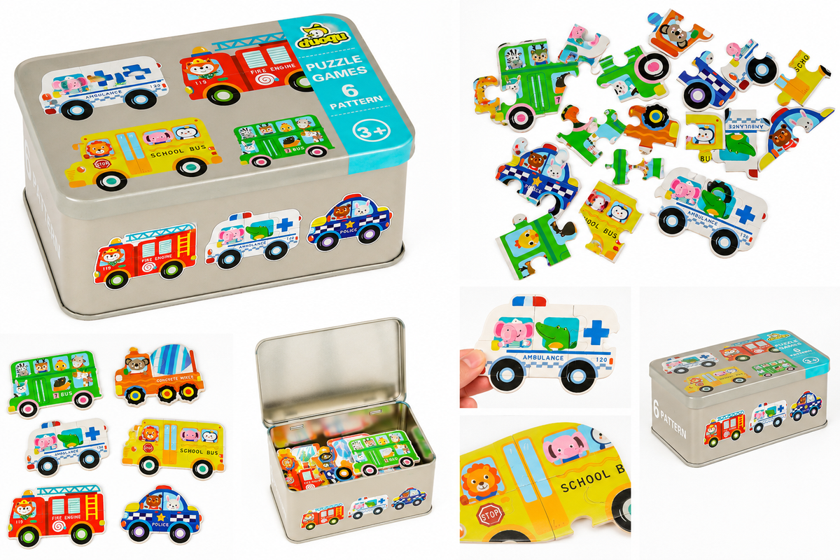Vehicle Puzzle Set in Tin – 30 Pieces, 6 Different Designs