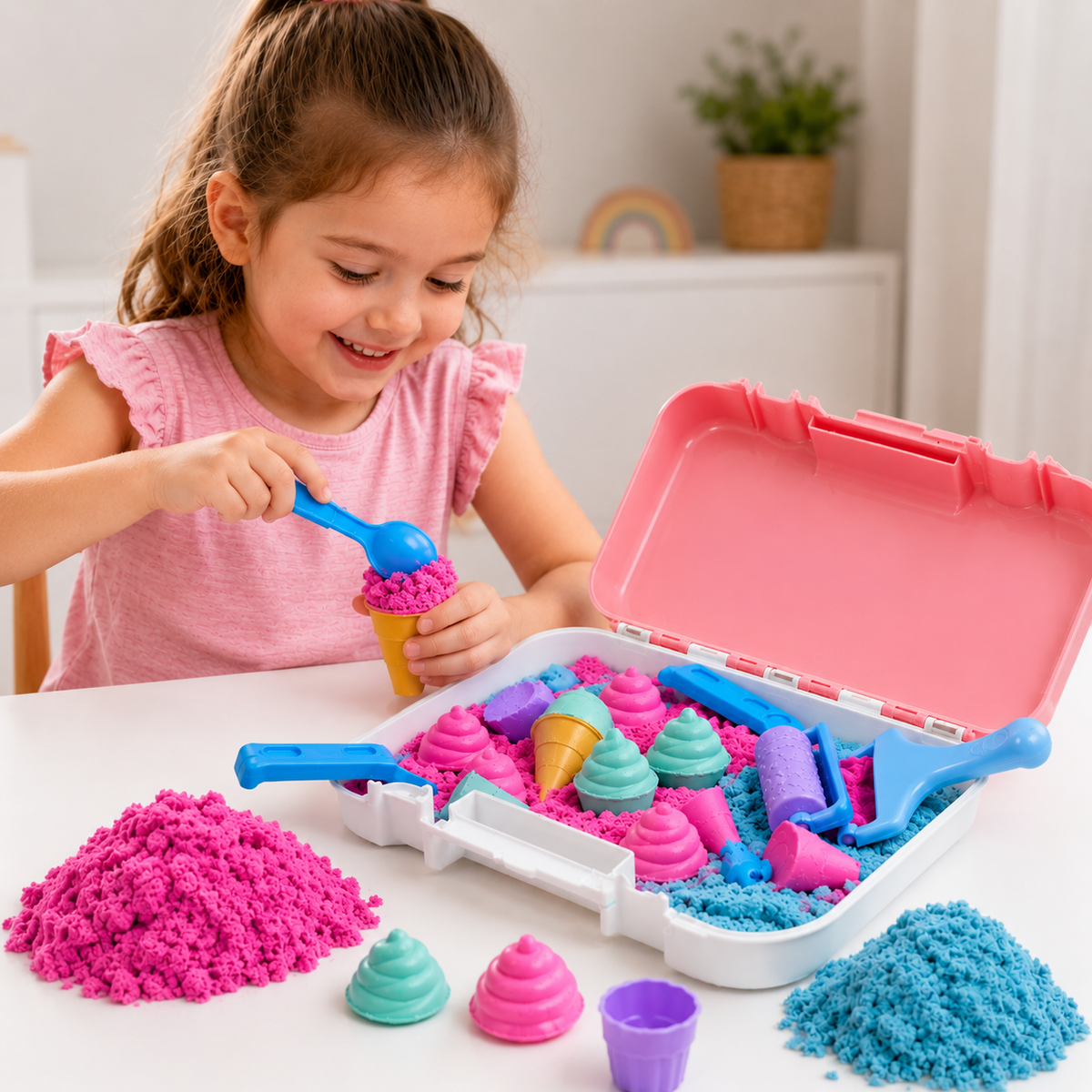 Kinetic Sand Ice Cream Shop Set – 1kg Sensory Sand with Suitcase, Moulds & Accessories