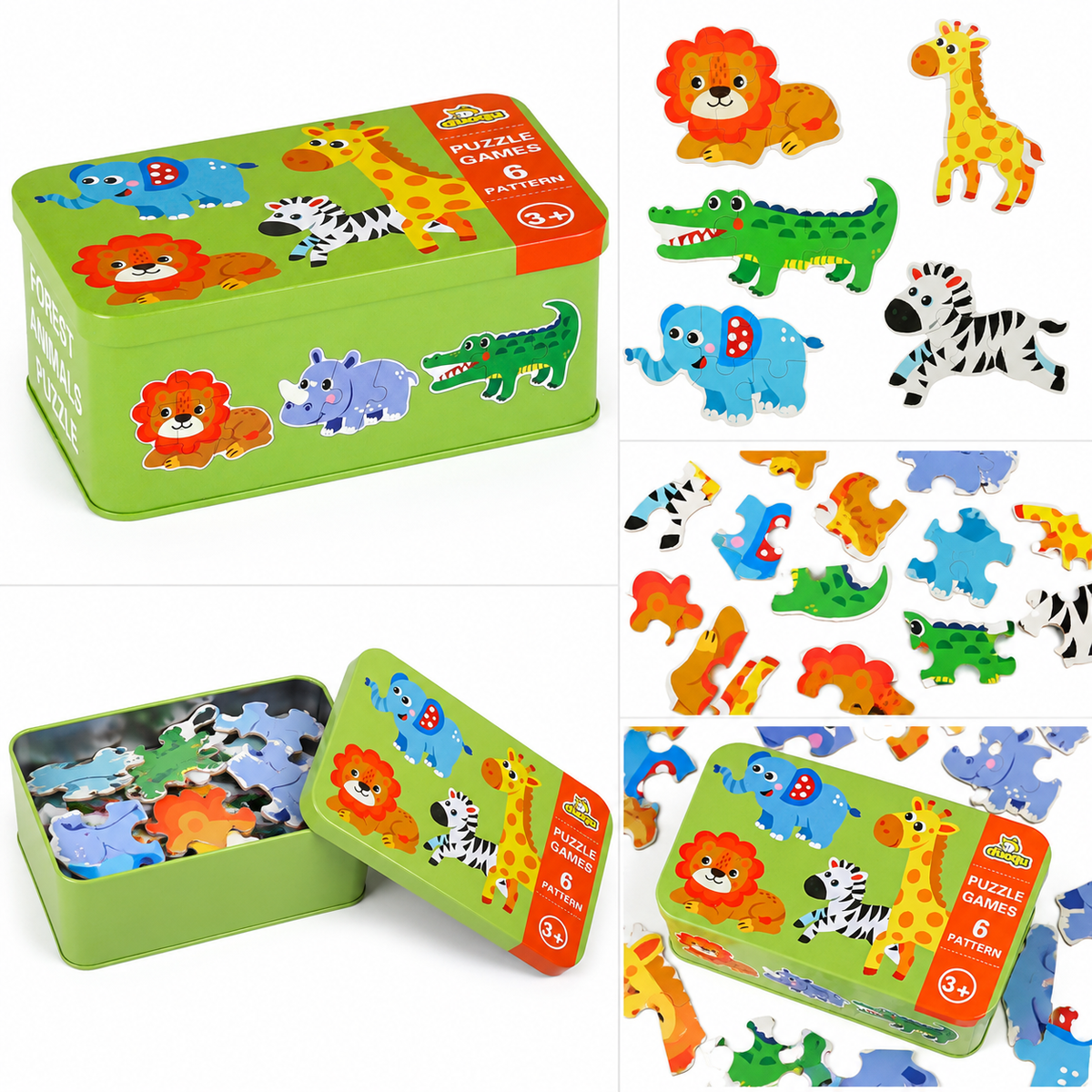 Children's animal-themed puzzle set in a green tin box with colorful illustrations of animals.