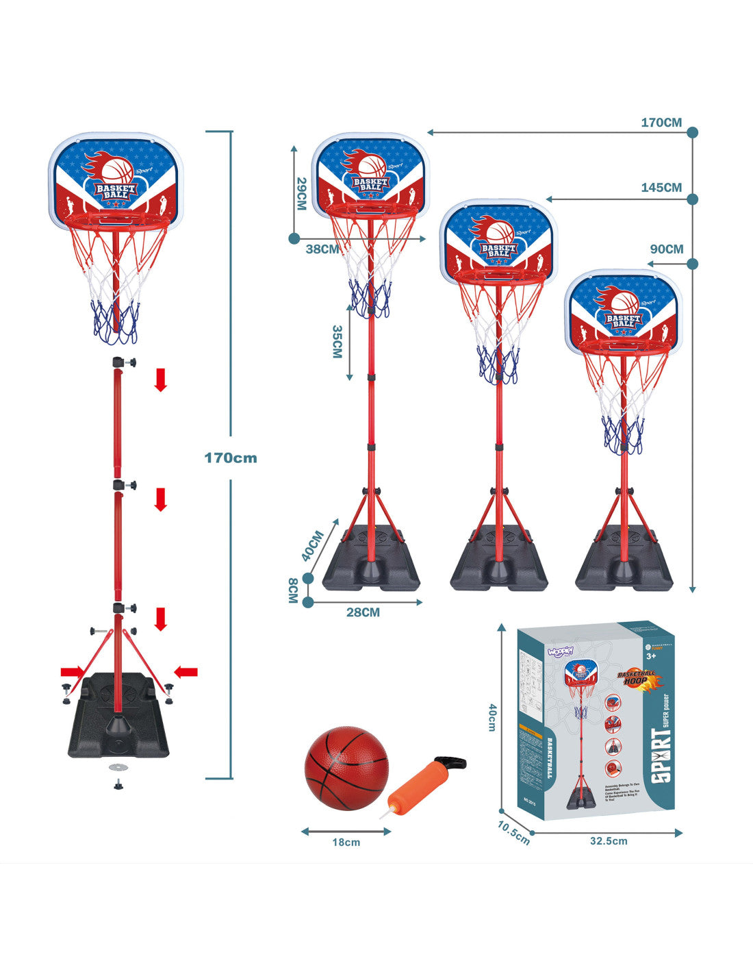 Freestanding Basketball Set With Adjustable Height 90-170cm + Ball