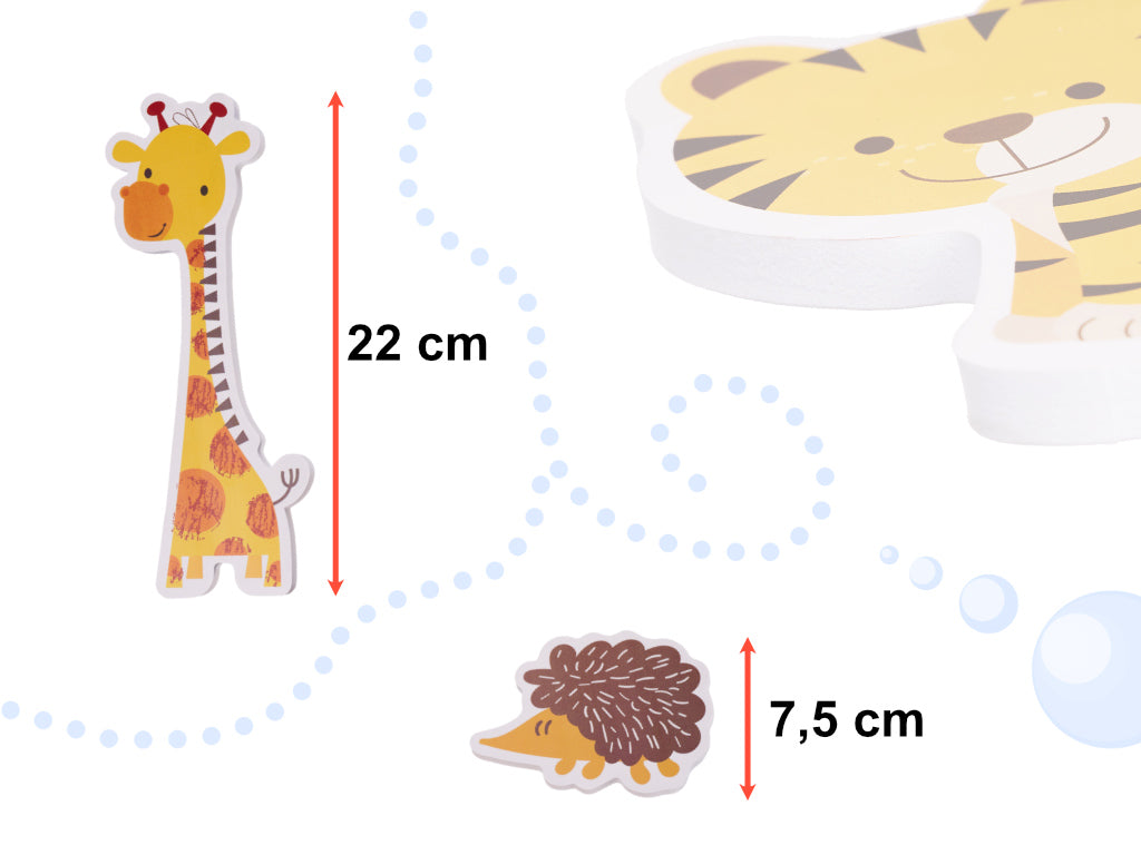 Measurement chart with cartoon animals and their dimensions on a white background

