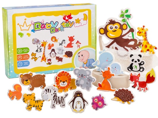Set of animal figurines in front of a 'Baby Toy Box' packaging on a light background

