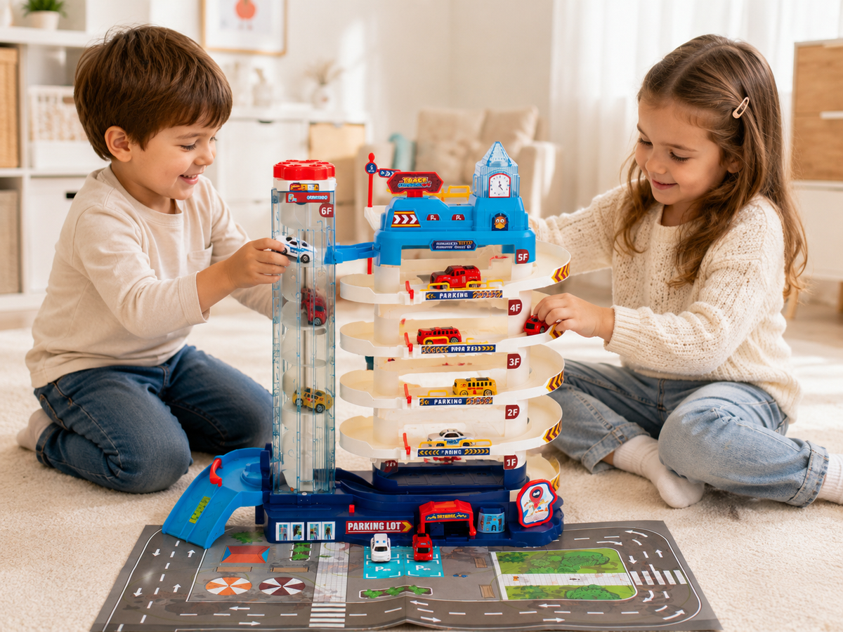 Two children playing with a toy race track set in a living room.

