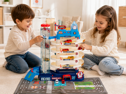Two children playing with a toy race track set in a living room.

