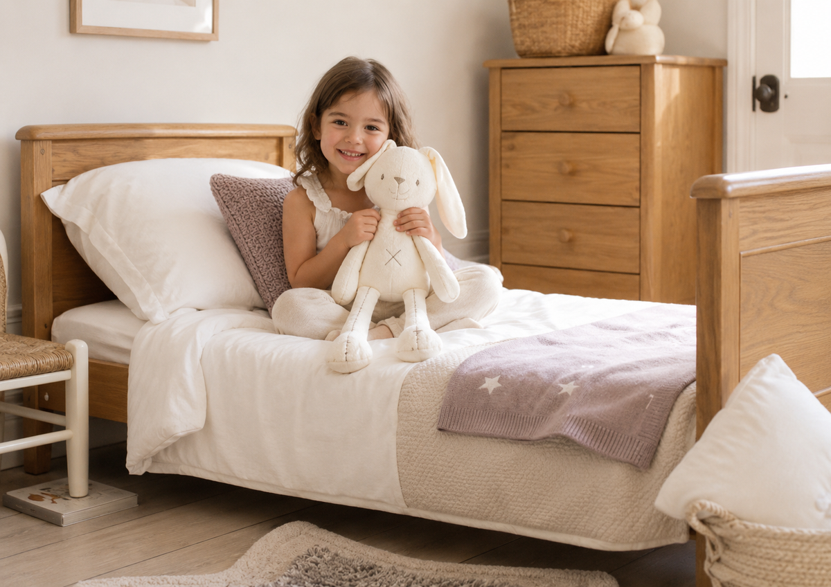 Young girl holding a plush toy on a bed in a bedroom with wooden furniture.