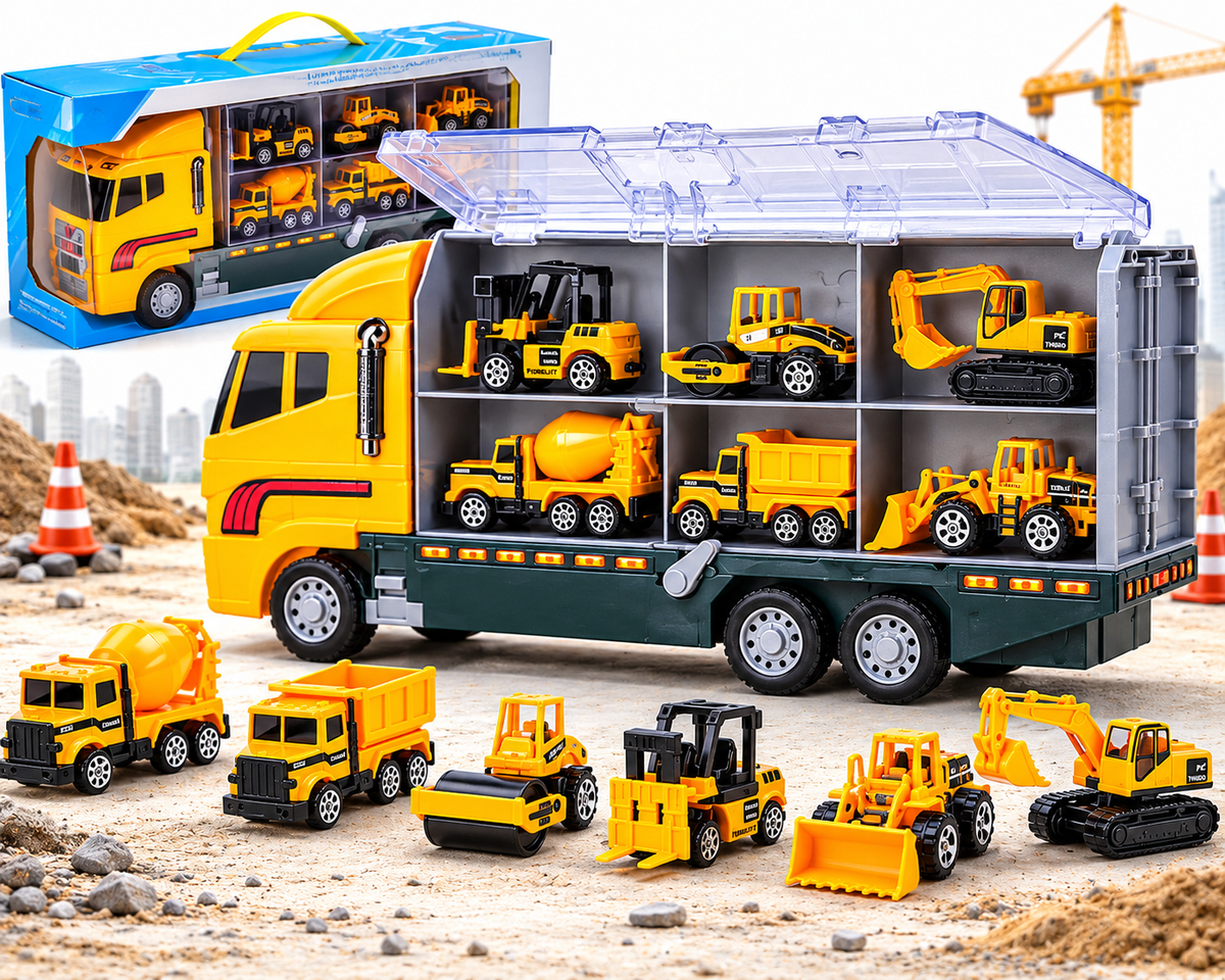 Toy construction truck set with various mini construction vehicles on a sandy surface.