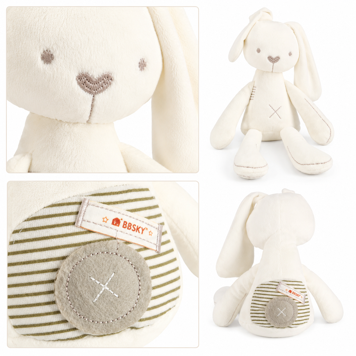 Collage of a plush toy rabbit with a striped foot pad, showing different angles on a white background.

