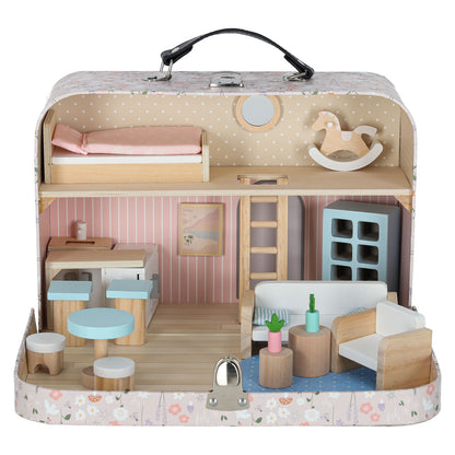 Portable Dollhouse in a Suitcase with Wooden Furniture & Accessories