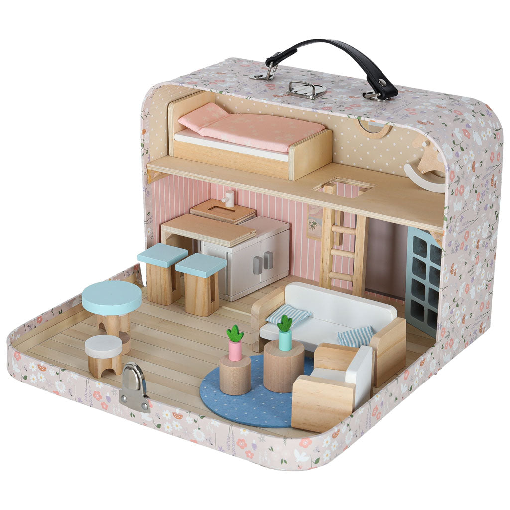 Portable Dollhouse in a Suitcase with Wooden Furniture & Accessories