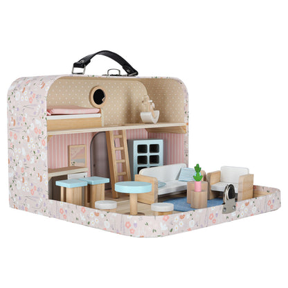 Portable Dollhouse in a Suitcase with Wooden Furniture & Accessories