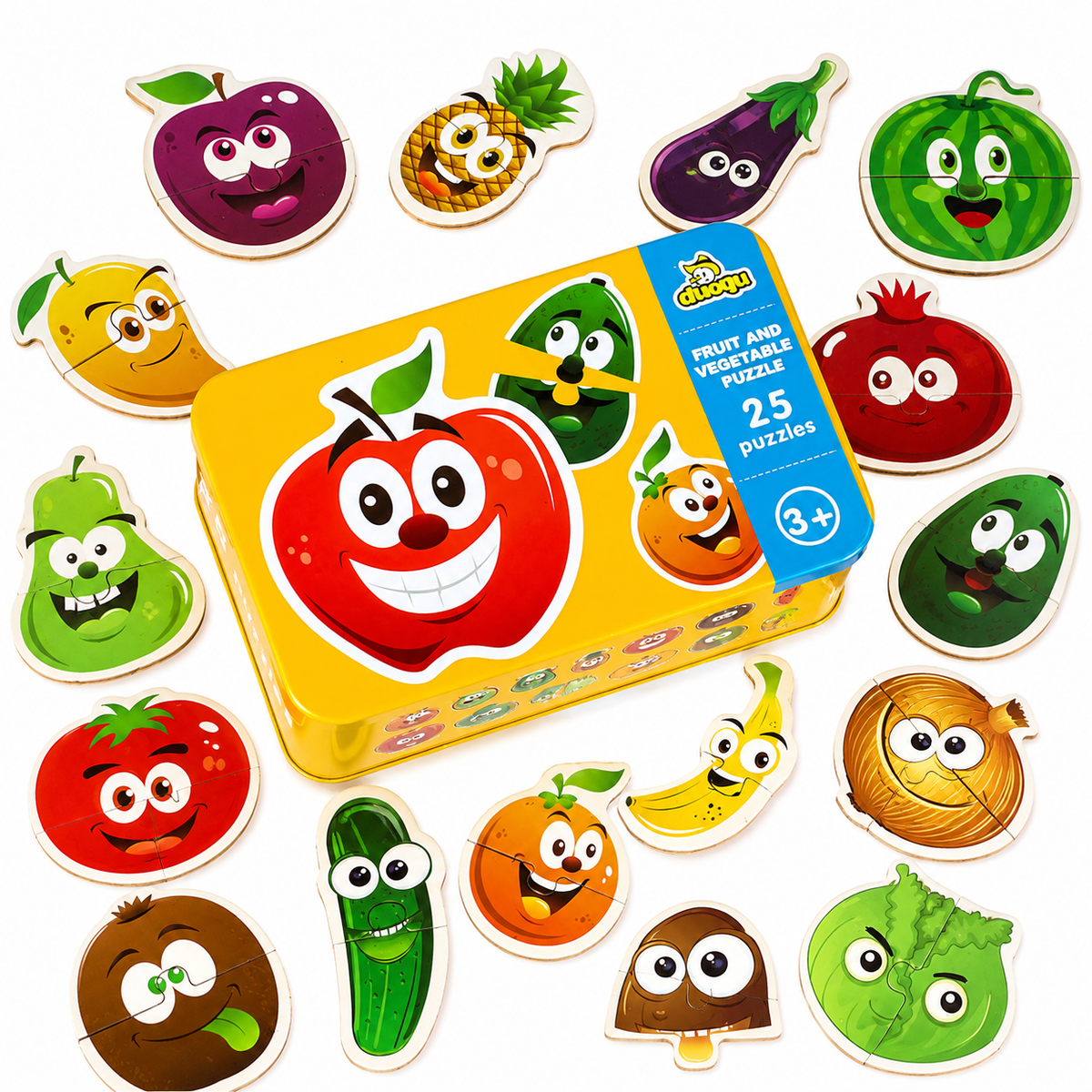 Fruit and vegetable puzzles with a yellow box featuring cartoon faces on a white background

