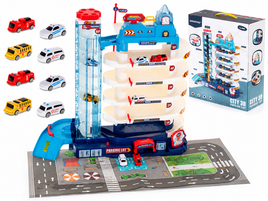 Toy parking garage set with cars and packaging on a road mat

