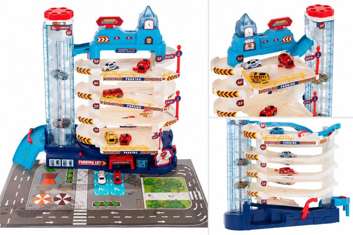 Toy race track set with multiple levels and cars on a road layout

