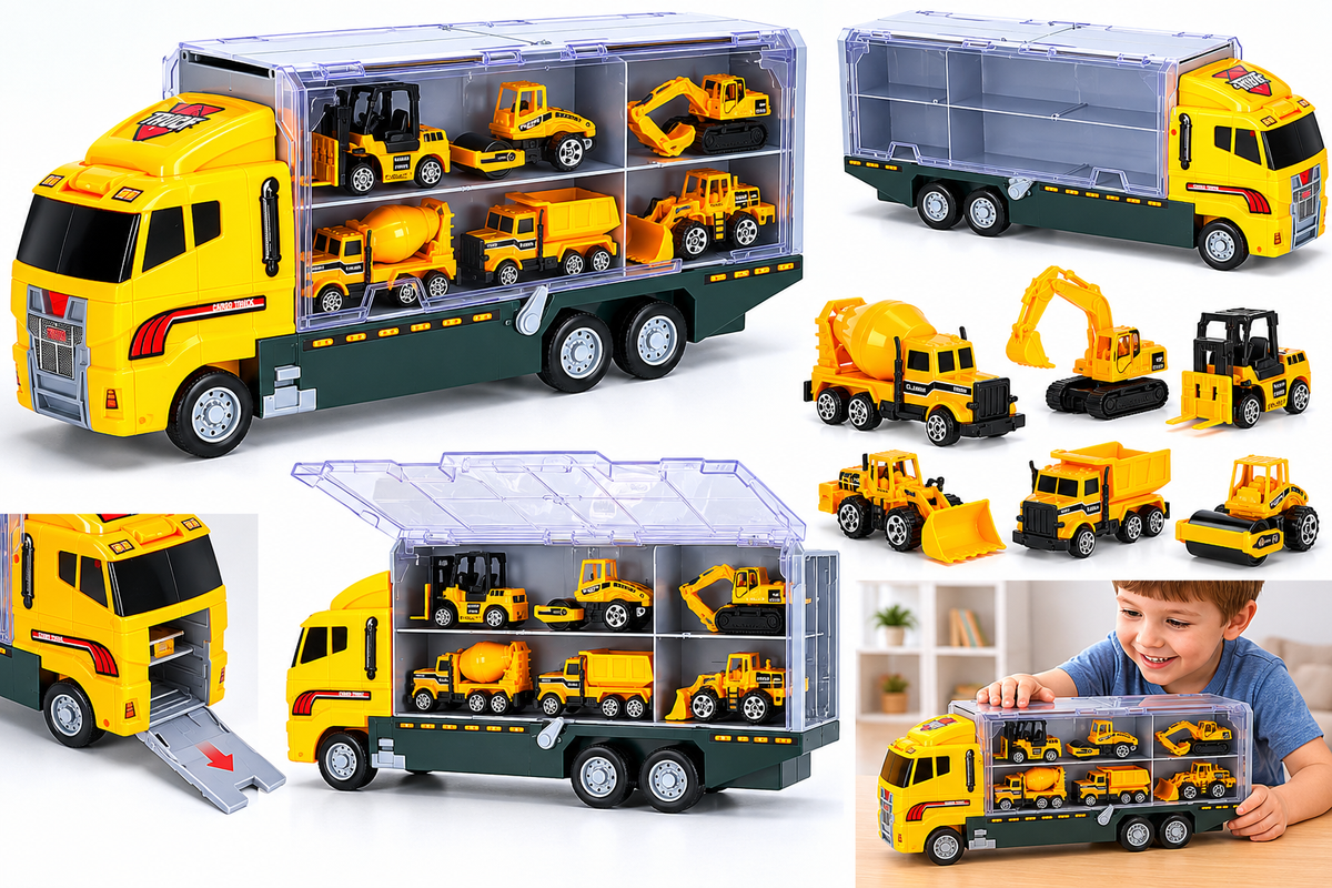 Toy truck with transparent container holding various toy construction vehicles, displayed on a white background.