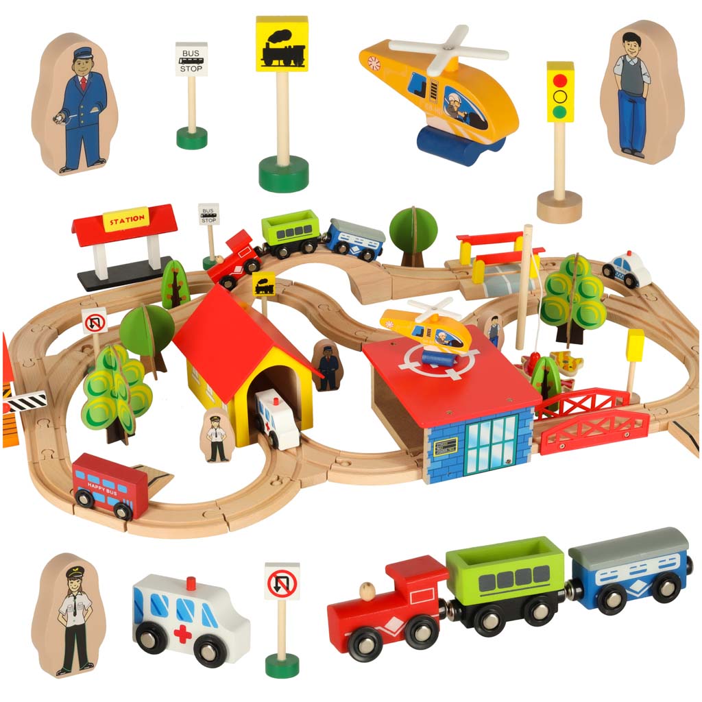 Wooden Train Set with Locomotive & City Railroad – 69 Piece Building Kit