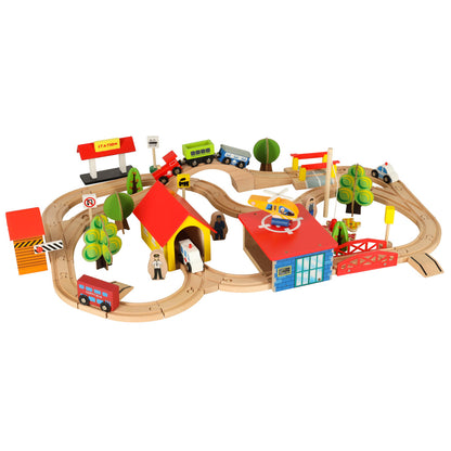 Wooden Train Set with Locomotive & City Railroad – 69 Piece Building Kit