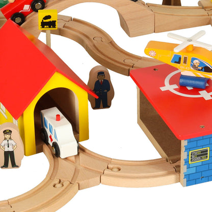 Wooden Train Set with Locomotive & City Railroad – 69 Piece Building Kit