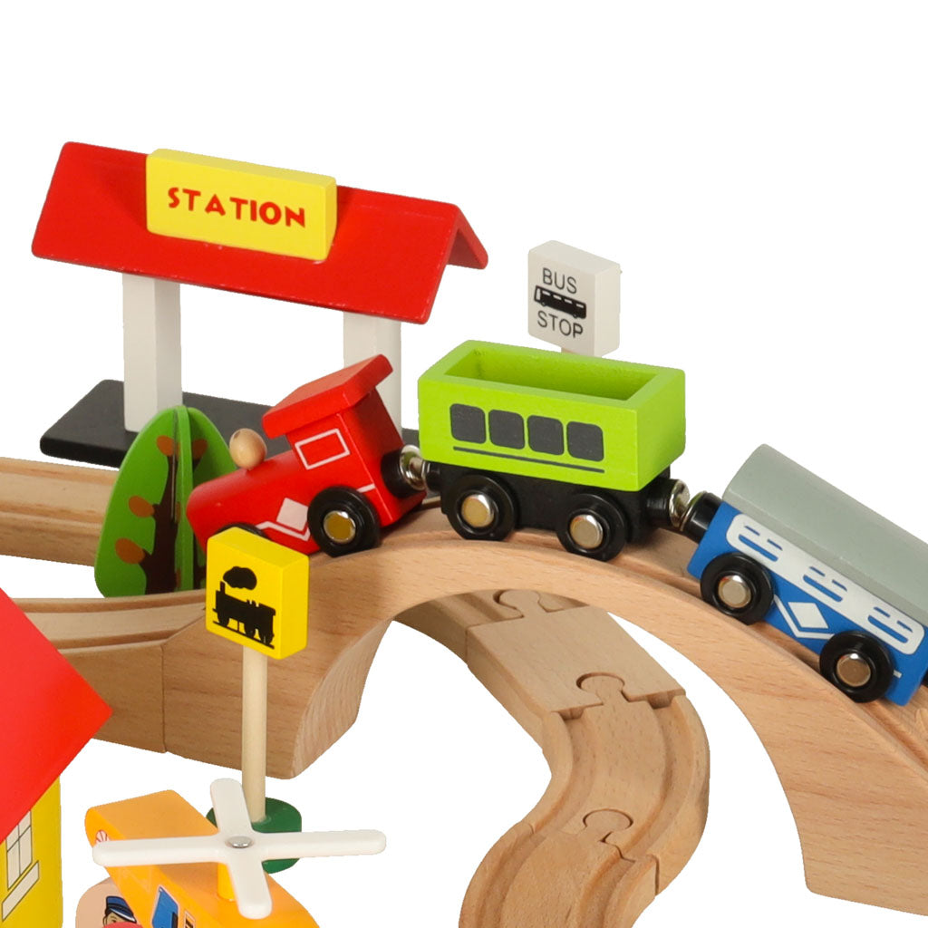Wooden Train Set with Locomotive & City Railroad – 69 Piece Building Kit