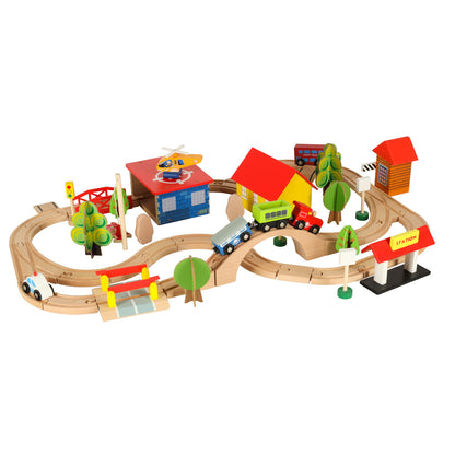 Wooden Train Set with Locomotive & City Railroad – 69 Piece Building Kit