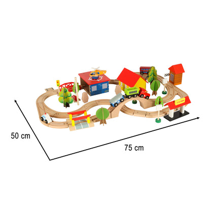 Wooden Train Set with Locomotive & City Railroad – 69 Piece Building Kit