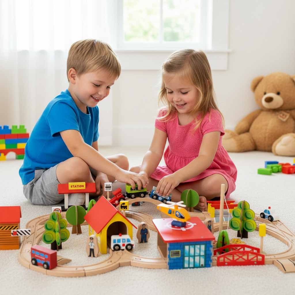 Wooden Train Set with Locomotive & City Railroad – 69 Piece Building Kit