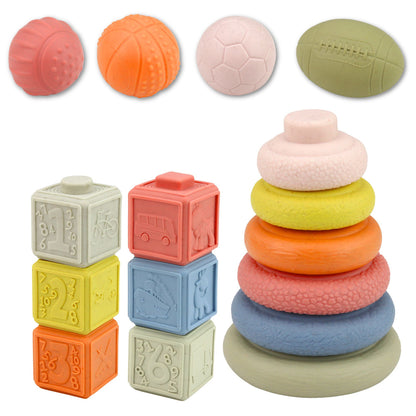 Soft Sensory Toys Set – Balls, Blocks & Stacking Pyramid – 18 Pieces