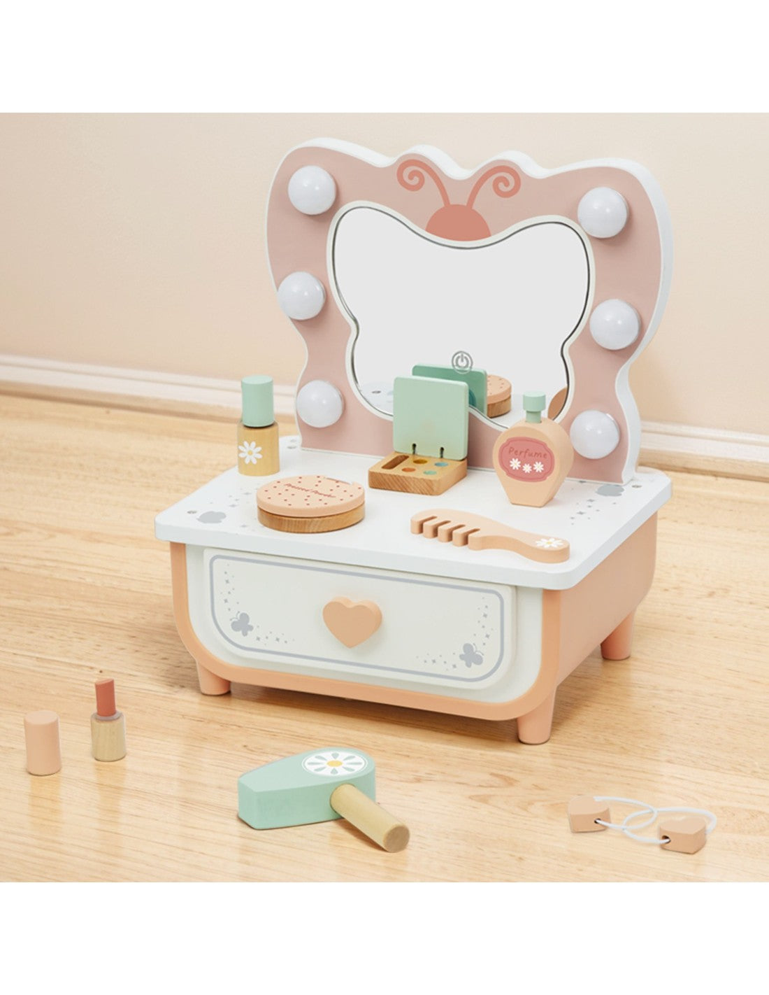 Wooden Butterfly Vanity Table – Kids Dressing Table with LED Mirror & Pretend Makeup Accessories