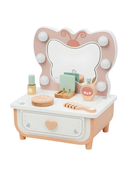 Wooden Butterfly Vanity Table – Kids Dressing Table with LED Mirror & Pretend Makeup Accessories